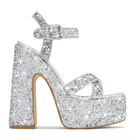 Miss Lola (Bamboo) Sparkling Silver Glitter Platform Block Heel Sandals Size 8 - Picture 1 of 14